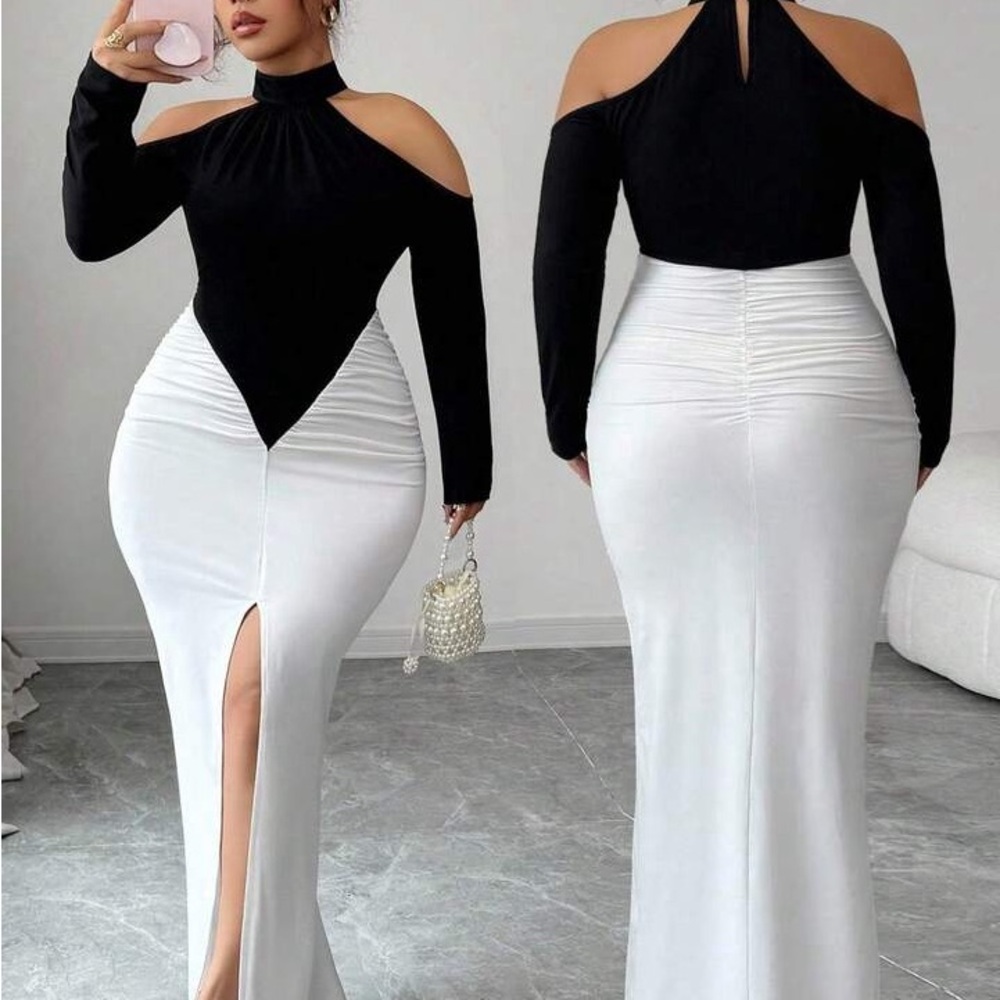Black & White Cold-Shoulder Maxi Dress